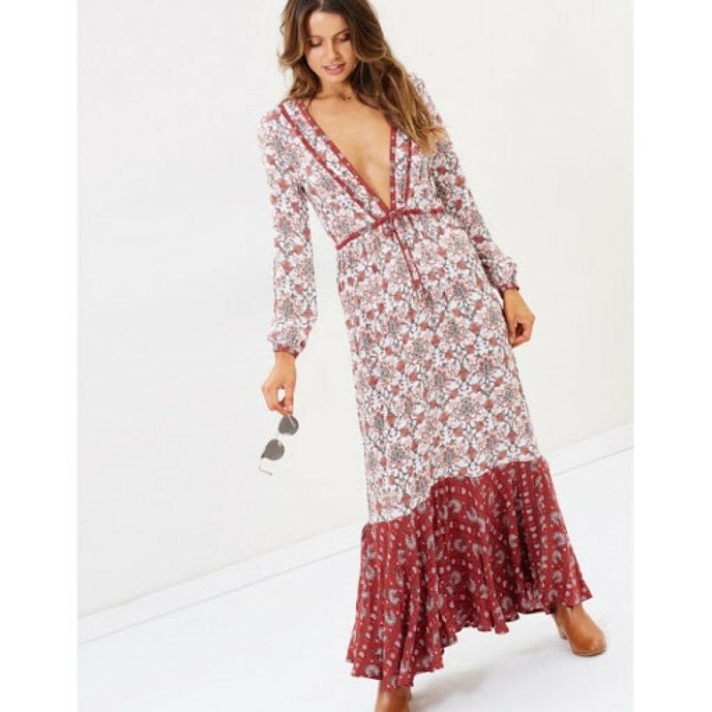 TIGERLILY Hamilton Red Boho Long Sleeve Maxi Dress RRP$270 - Picture 1 of 16